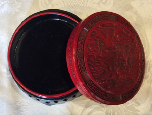 Cinnabar Resin Round Covered Box w/ Stand