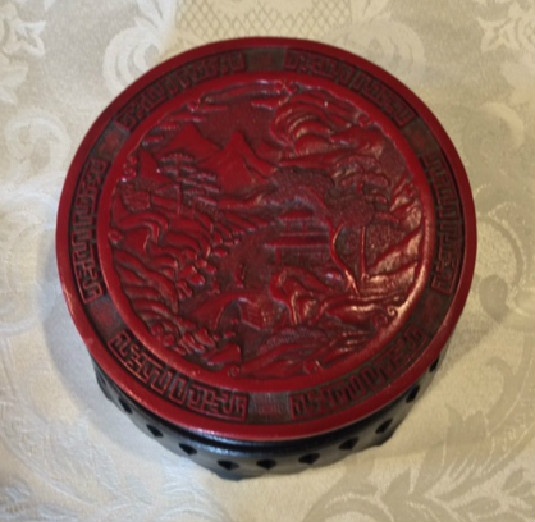 Cinnabar Resin Round Covered Box w/ Stand