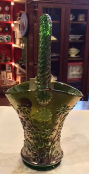 Vintage Imperial Green Helios Carnival Glass Daisy Pattern Basket
