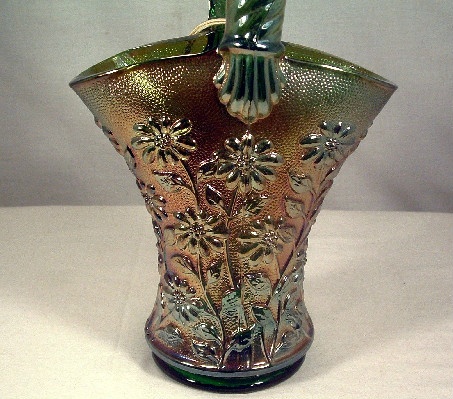 Vintage Imperial Green Helios Carnival Glass Daisy Pattern Basket