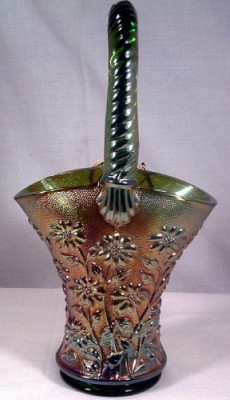 Vintage Imperial Green Helios Carnival Glass Daisy Pattern Basket
