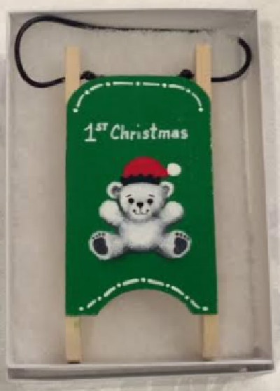 Green Bear 1st Christmas Wooden Sled Ornament
