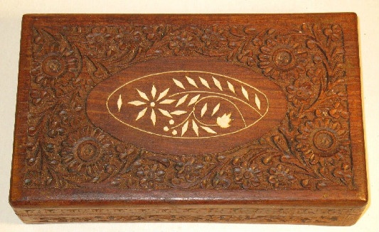 Large Carved Wooden Box With Inlaid Design