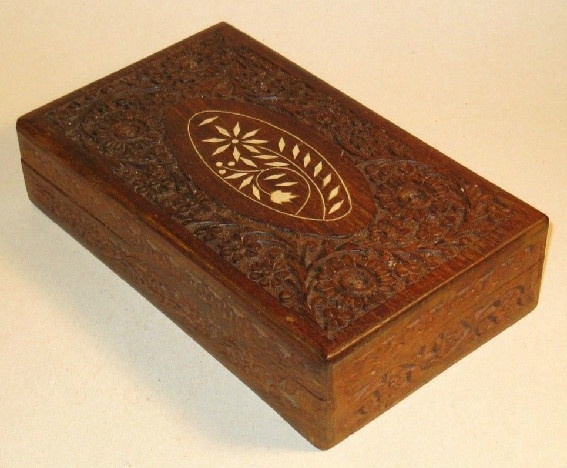 Large Carved Wooden Box With Inlaid Design