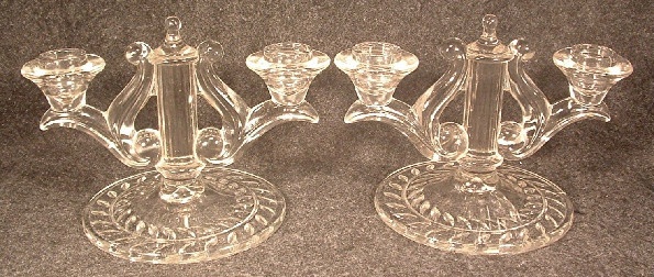 Pair Of Indiana Glass Laurel Double Candlesticks