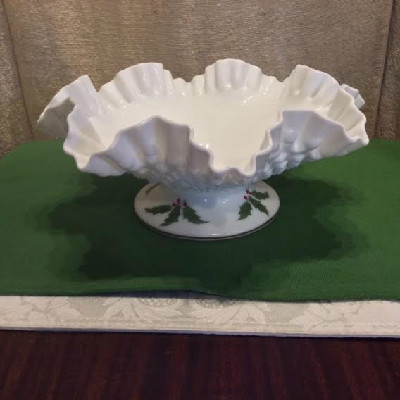 Hand Painted Holly - Large Footed Fenton Hobnail Milk Glass Bowl