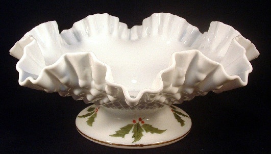 Hand Painted Holly - Large Footed Fenton Hobnail Milk Glass Bowl