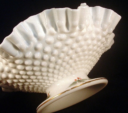 Hand Painted Holly - Large Footed Fenton Hobnail Milk Glass Bowl