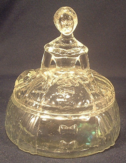 Crinoline Girl Clear Glass Figural Lidded Powder Jar / Trinket Box