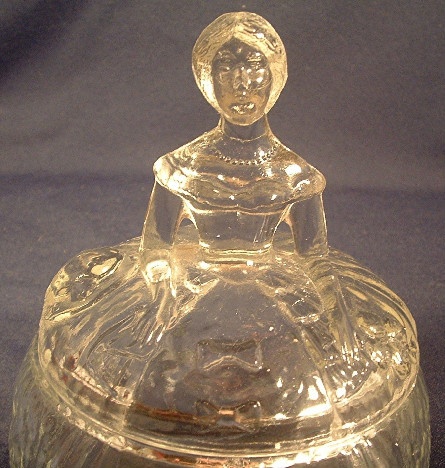 Crinoline Girl Clear Glass Figural Lidded Powder Jar / Trinket Box