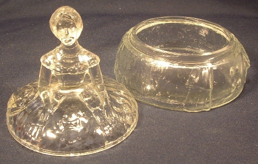 Crinoline Girl Clear Glass Figural Lidded Powder Jar / Trinket Box