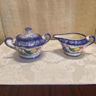 Blue Spatterware - Hand Painted - Peafowl Decorated Sugar & Creamer