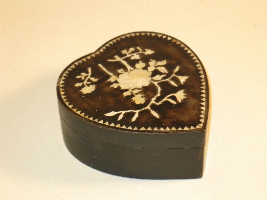 19th Century Heart Shaped Box w/ Inlaid Mother Of Pearl Decoration