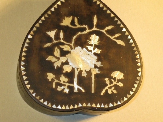 19th Century Heart Shaped Box w/ Inlaid Mother Of Pearl Decoration