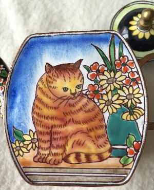 Kelvin Chen Style – Enamel Copper Cloisonne Tea Pot – Orange Tabby w/ Flowers - Signed