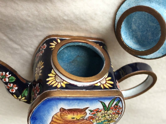 Kelvin Chen Style – Enamel Copper Cloisonne Tea Pot – Orange Tabby w/ Flowers - Signed
