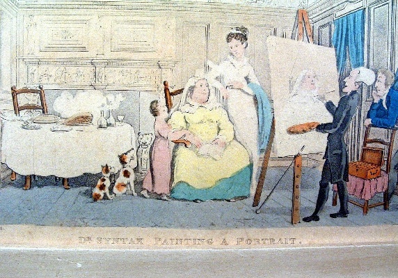 Early 1800's - Thomas Rowlandson - Hand Coloured Engraving Titled - "Dr. Syntax Painting A Portrait"