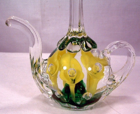Teapot Shaped Ring Holder w/ Yellow Flowers - St. Clair Glass - Vintage