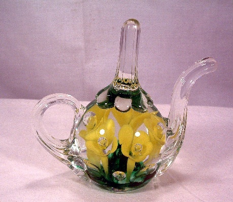 Teapot Shaped Ring Holder w/ Yellow Flowers - St. Clair Glass - Vintage