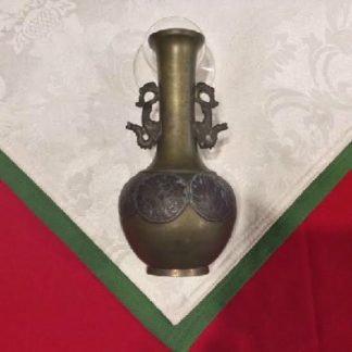 Antique - Chinese 7" Bronze Vase - Serpent Handles w/ Floral & Bird Medallions