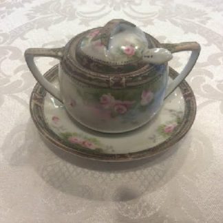 Nippon Moriage Beaded Mustard Pot / Jam Jar / Honey Pot w/ Original Spoon