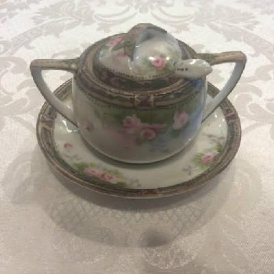 Nippon Moriage Beaded Mustard Pot / Jam Jar / Honey Pot w/ Original Spoon