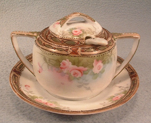 Nippon Moriage Beaded Mustard Pot / Jam Jar / Honey Pot w/ Original Spoon - Image 2
