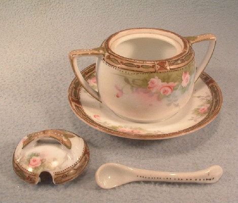 Nippon Moriage Beaded Mustard Pot / Jam Jar / Honey Pot w/ Original Spoon