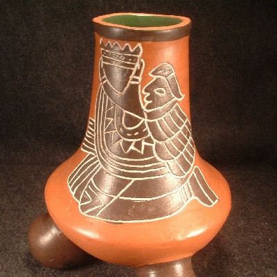 Leopoldo De Mexico Pottery - Three Toed Vase - Aztec Design - Vintage - SIGNED