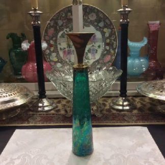 Aquamarine Crackle Glass Bottle/Decanter w/ Brass Stopper - Super Retro Mid Century Modern Design