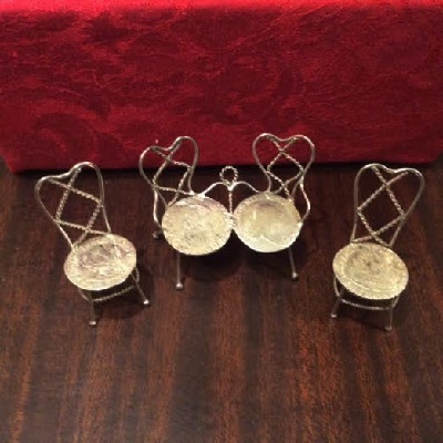 Silver Twisted Wire & Coins Miniature/Doll House Settee & Two Chairs - Dutch Coins