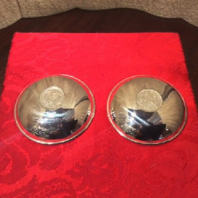 PAIR - 950 Silver Sauce Dishes By K Uyeda w/ Japanese Coins - Image 4