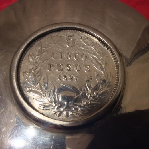 900 Silver Modern Form Dish w/ 1927 Republic Of Chili 5 Pesos Coin