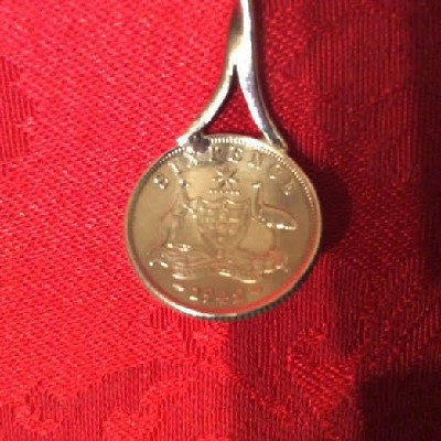 Silver Mustard Spoon - Jelly/Jam Spoon w/ 1942 Australian George VI Six Pence Coin