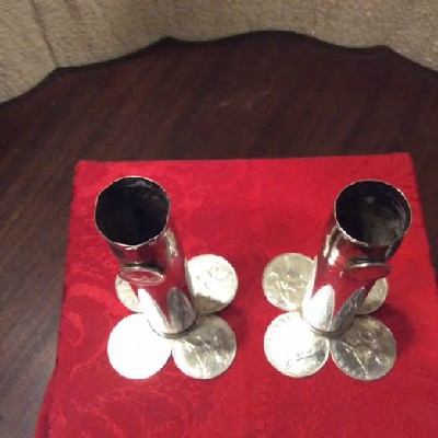 PAIR Silver Candlesticks / Flower Vases w/ Great Britain George V One Penny & Half Penny Coins