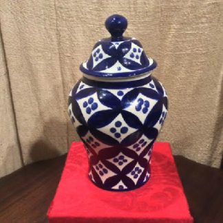 Talavera Mexican Pottery Lidded Jar / Vase - Hand Painted Blue & White - Vintage Monte Blancho