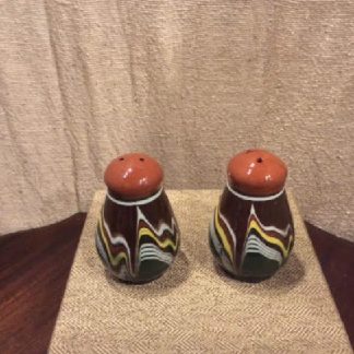Pottery Salt & Pepper Shakers - Bulgarian Troyan Redware Pottery - Peacock's Eye Pattern - Vintage 1960s