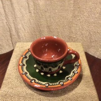 Pottery Teacup & Saucer - Bulgarian Troyan Redware Pottery - Peacock's Eye Pattern - Vintage 1960s