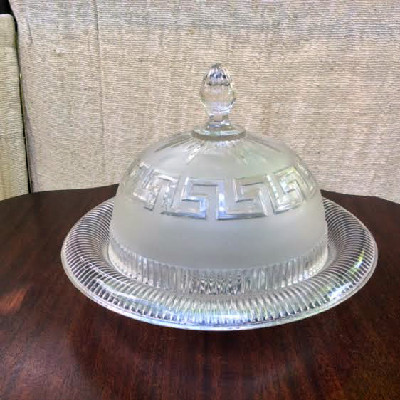 EAPG Roman Key Pattern Lidded Butter Dish - Clear & Frosted Glass - ca. 1860 - Union Glass Co.