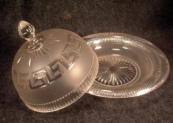 EAPG Roman Key Pattern Lidded Butter Dish - Clear & Frosted Glass - ca. 1860 - Union Glass Co. - Image 7
