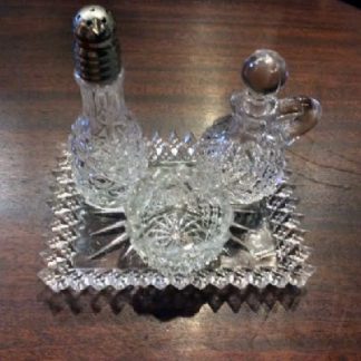 EAPG Glass 4 Piece Individual Condiment Set - Tray w/ Open Salt, Pepper Shaker & Vinegar Cruet - 1890s to 1st Quarter of 20th c.