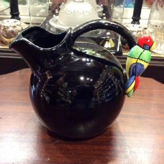 Round Black Beverage Pitcher w/ Colorful Parrot On The Handle