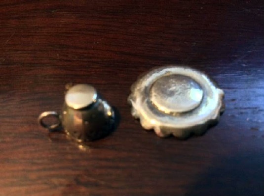 Miniature Set of Six Cups & Saucers w/ Rack - Unmarked Sterling - 3" x 1" Petite - Doll House Collectible