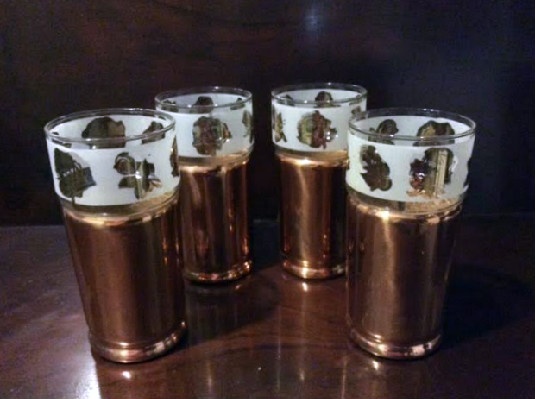 Modern Everlast Copper Tumblers - Rose Decoration Glass Inserts - Set of 4 - Vintage 1950s