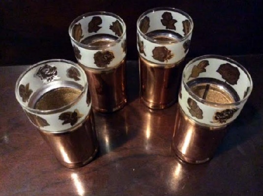 Modern Everlast Copper Tumblers - Rose Decoration Glass Inserts - Set of 4 - Vintage 1950s