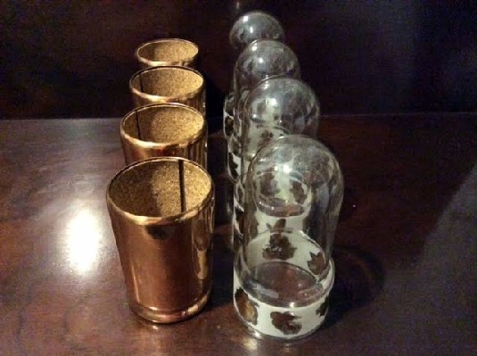 Modern Everlast Copper Tumblers - Rose Decoration Glass Inserts - Set of 4 - Vintage 1950s