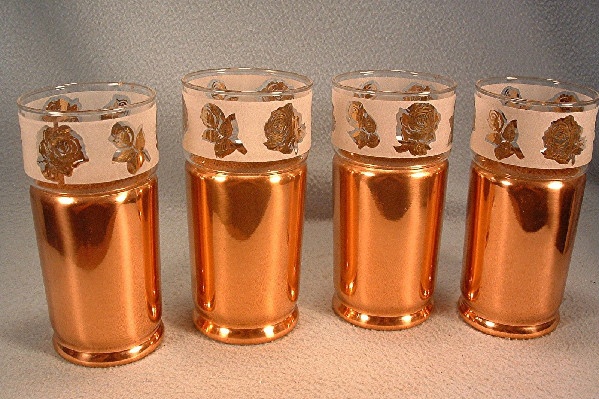 Modern Everlast Copper Tumblers - Rose Decoration Glass Inserts - Set of 4 - Vintage 1950s