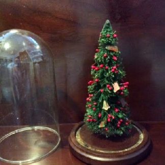 Bottle Brush Christmas Tree w/ Berries & Mini Ornaments In Glass Dome - Vintage - 7.5 Inches Tall