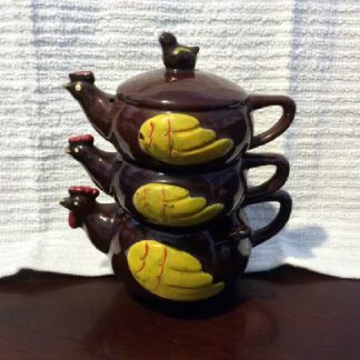 Red Ware Pottery - Stacked Chicken Salt & Pepper Shakers And Mustard Pot Set - Vintage Made In Japan