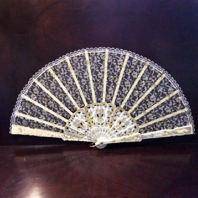 Hand Fan - Delightfully Delicate - Plastic / Lucite with Lace & Gold & Silver Decoration - Made In Spain